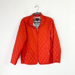 Lands End Orange Diamond Quilted Barn Jacket Plaid Lined Women's Medium 10-12